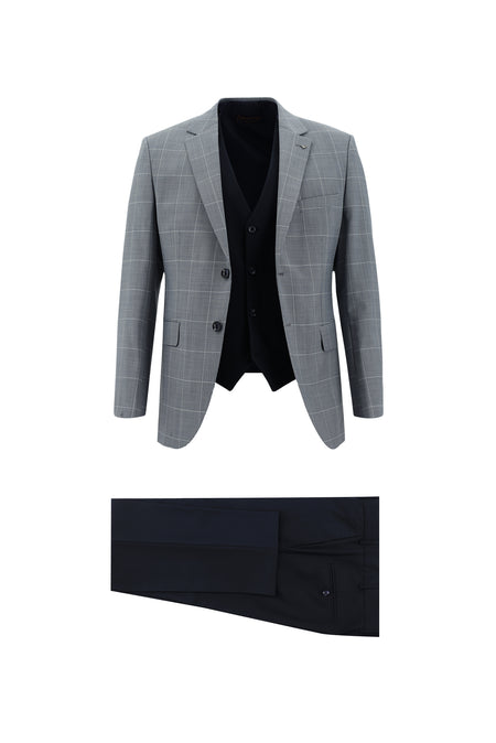 Açık Lacivert Slim Fit Dar Kesim Yünlü Kombinli Yelekli Takım Elbise