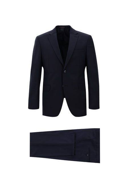 Koyu Lacivert Slim Fit Dar Kesim Yünlü Klasik Kareli Takım Elbise