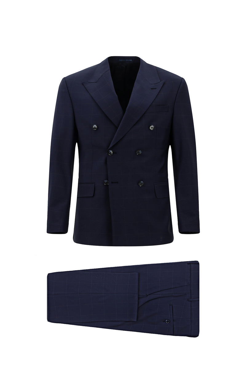 Koyu Lacivert Regular Fit Flex Suit Yünlü Kareli Kruvaze Takım Elbise