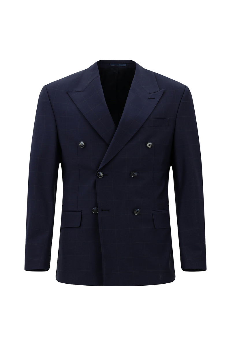 Koyu Lacivert Regular Fit Flex Suit Yünlü Kareli Kruvaze Takım Elbise