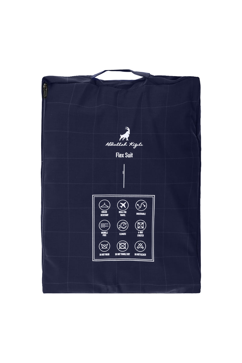 Koyu Lacivert Regular Fit Flex Suit Yünlü Kareli Kruvaze Takım Elbise