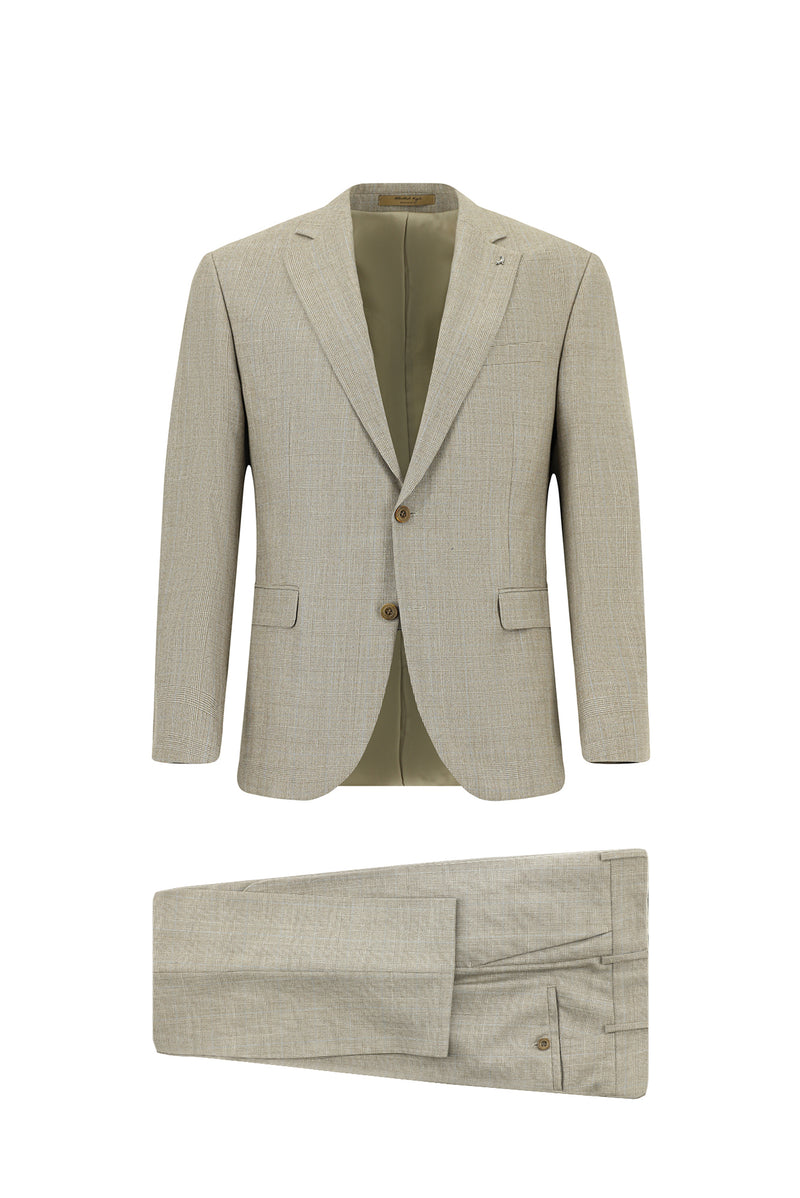 Orta Bej Regular Fit Klasik Ekose Yünlü Kaşmir Karışımlı Takım Ebise