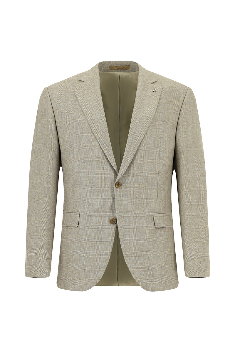 Orta Bej Regular Fit Klasik Ekose Yünlü Kaşmir Karışımlı Takım Ebise