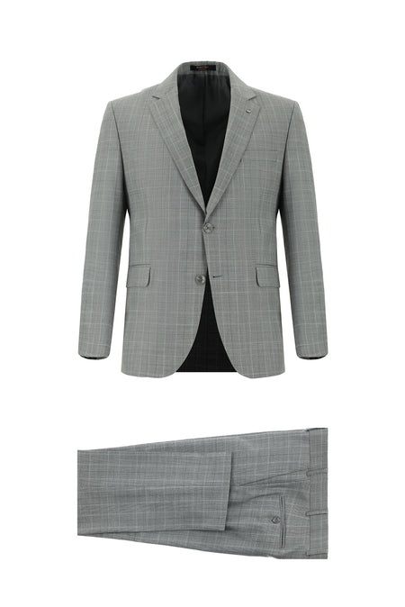 Orta Füme Slim Fit Dar Kesim Yünlü Klasik Ekose Takım Elbise