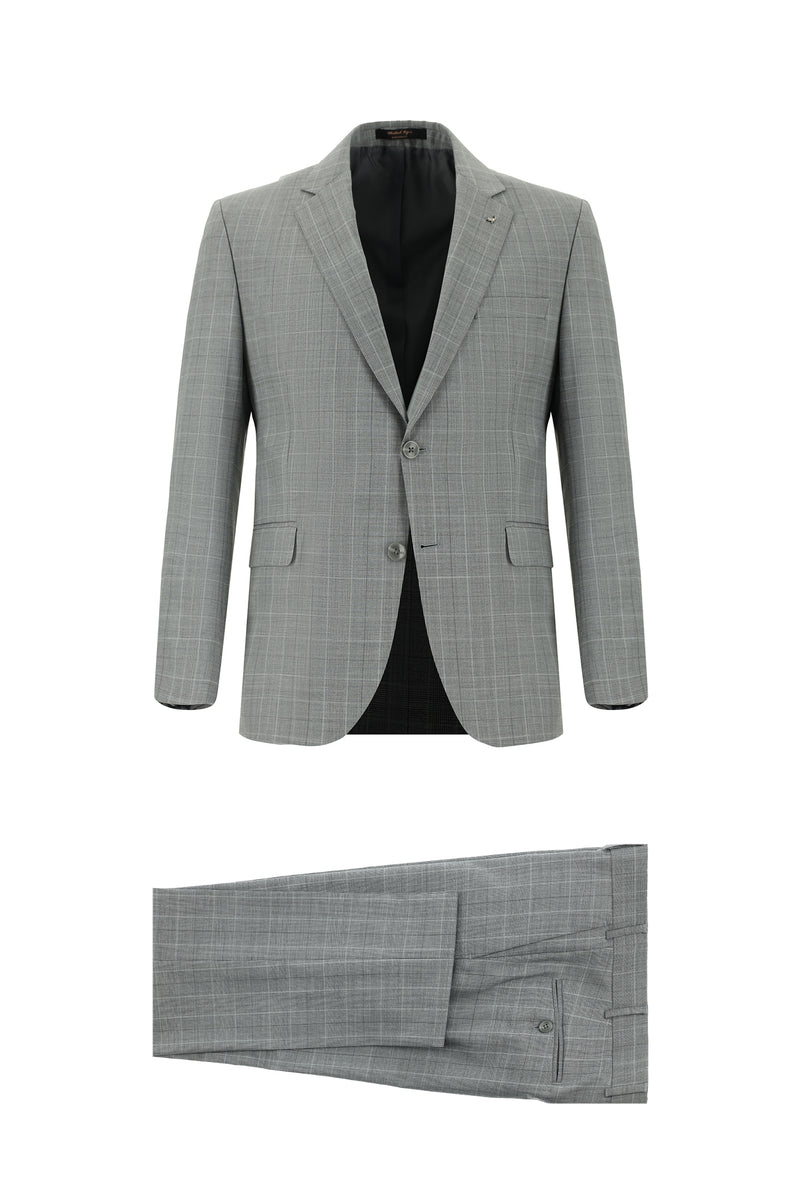 Orta Füme Slim Fit Dar Kesim Yünlü Klasik Ekose Takım Elbise