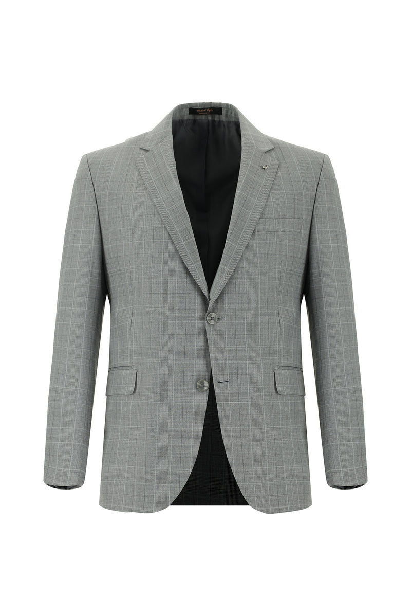 Orta Füme Slim Fit Dar Kesim Yünlü Klasik Ekose Takım Elbise