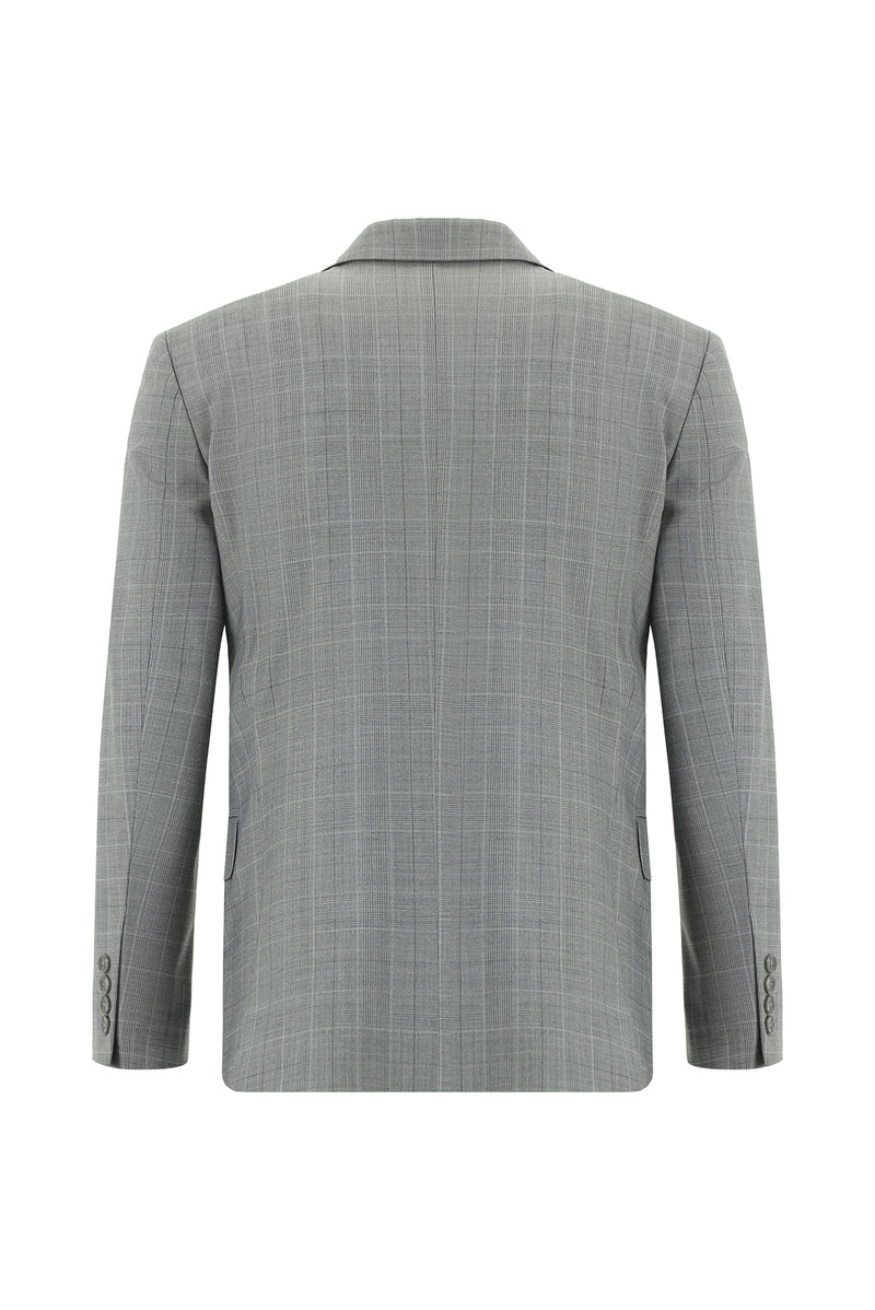 Orta Füme Slim Fit Dar Kesim Yünlü Klasik Ekose Takım Elbise