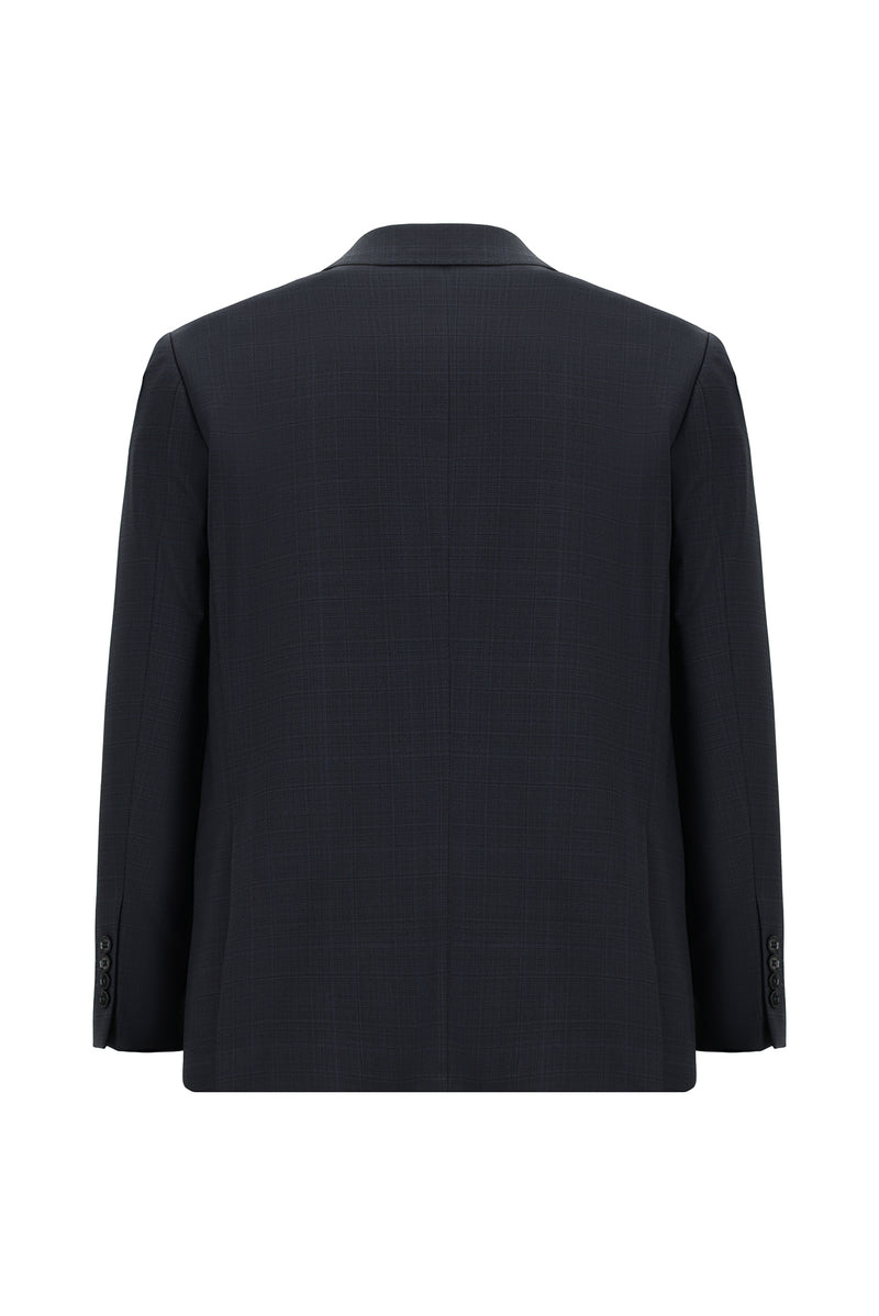 Koyu Lacivert Yünlü Klasik Ekose Takım Elbise