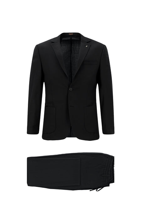 Siyah Super Slim Fit Ekstra Dar Kesim Yünlü Ekose Beli Lastikli İpli Gofre Takım Elbise