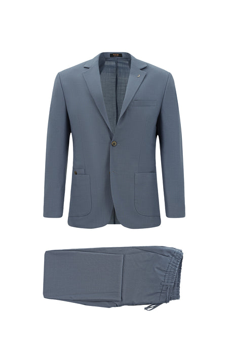 Açık Mavi Super Slim Fit Ekstra Dar Kesim Yünlü Ekose Beli Lastikli İpli Gofre Takım Elbise