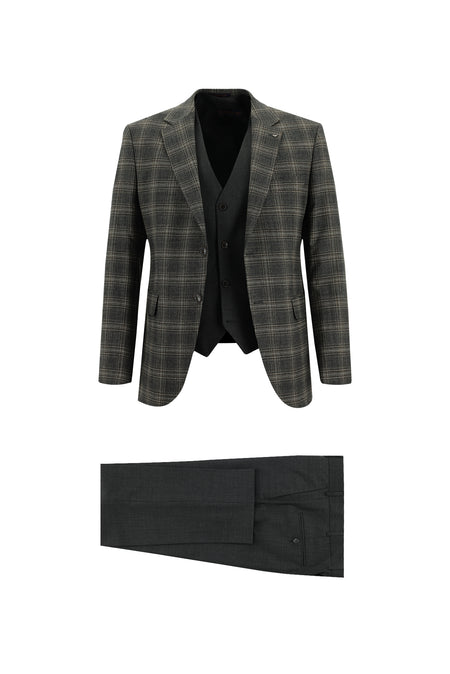 Orta Antrasit Slim Fit Dar Kesim Yünlü Kombinli Yelekli Takım Elbise