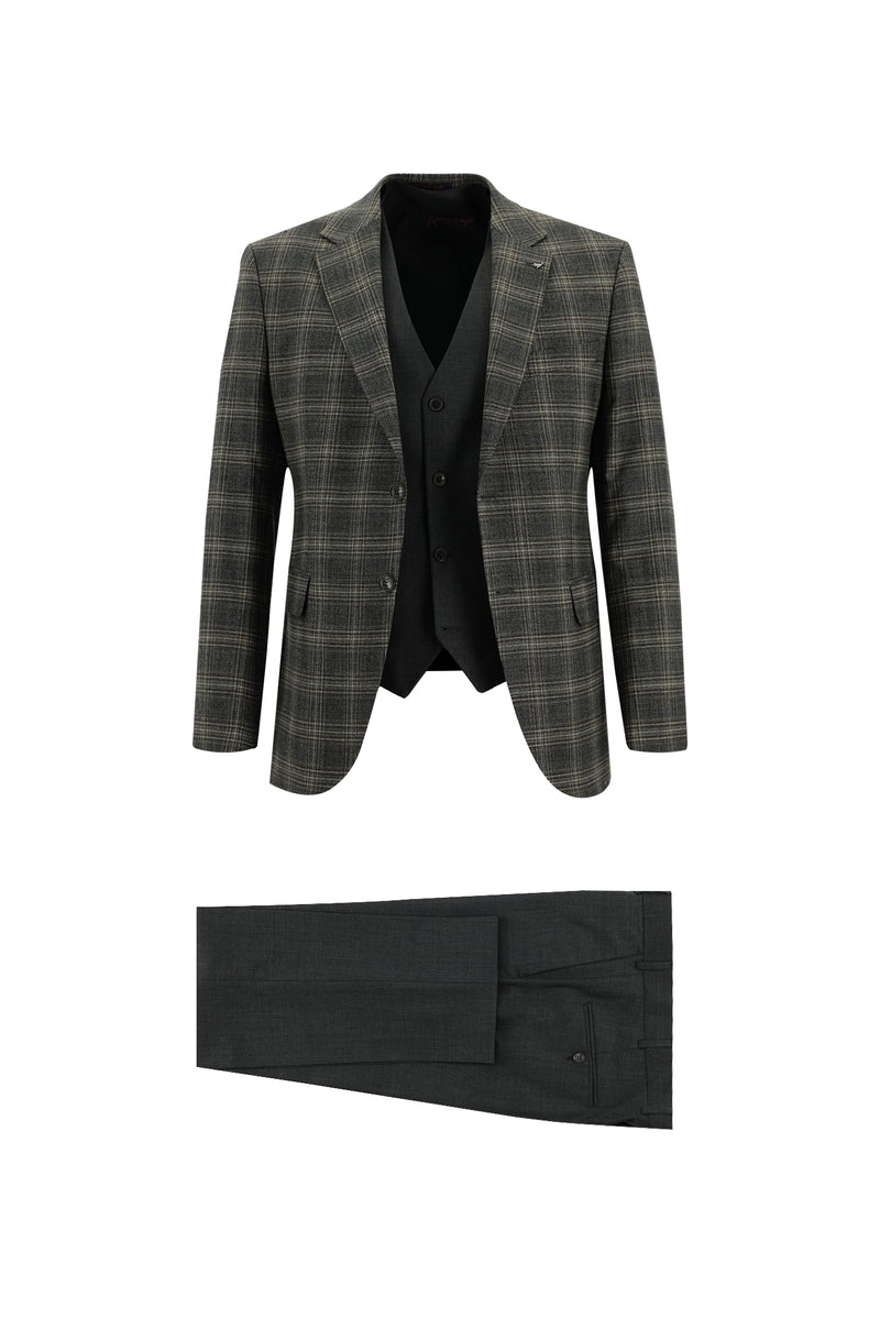 Orta Antrasit Slim Fit Dar Kesim Yünlü Kombinli Yelekli Takım Elbise