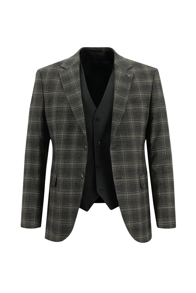 Orta Antrasit Slim Fit Dar Kesim Yünlü Kombinli Yelekli Takım Elbise