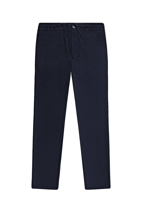 Orta Lacivert Super Slim Fit Ekstra Dar Kesim Yünlü Beli Lastikli İpli Pantolon