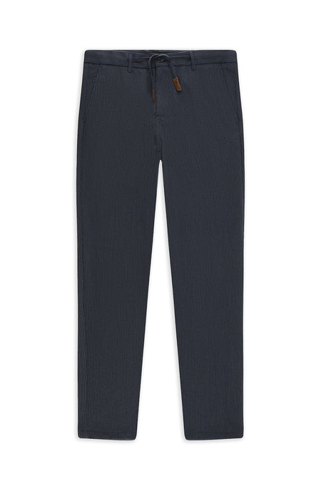 Orta Lacivert Regular Fit Beli İpli Likralı Gofre Klasik Kumaş Pantolon