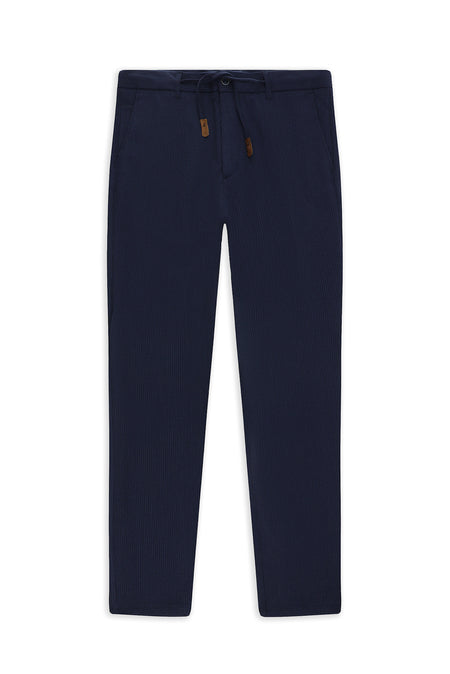 Koyu Lacivert Regular Fit Beli İpli Likralı Gofre Klasik Kumaş Pantolon