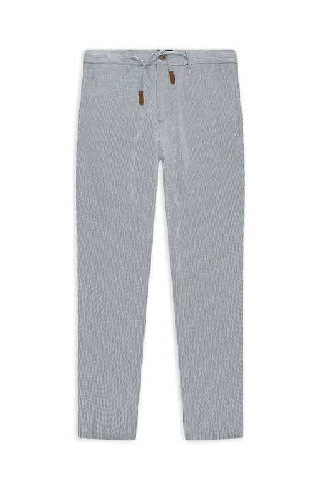 Beyaz-Lacivert Regular Fit Beli İpli Likralı Gofre Klasik Kumaş Pantolon