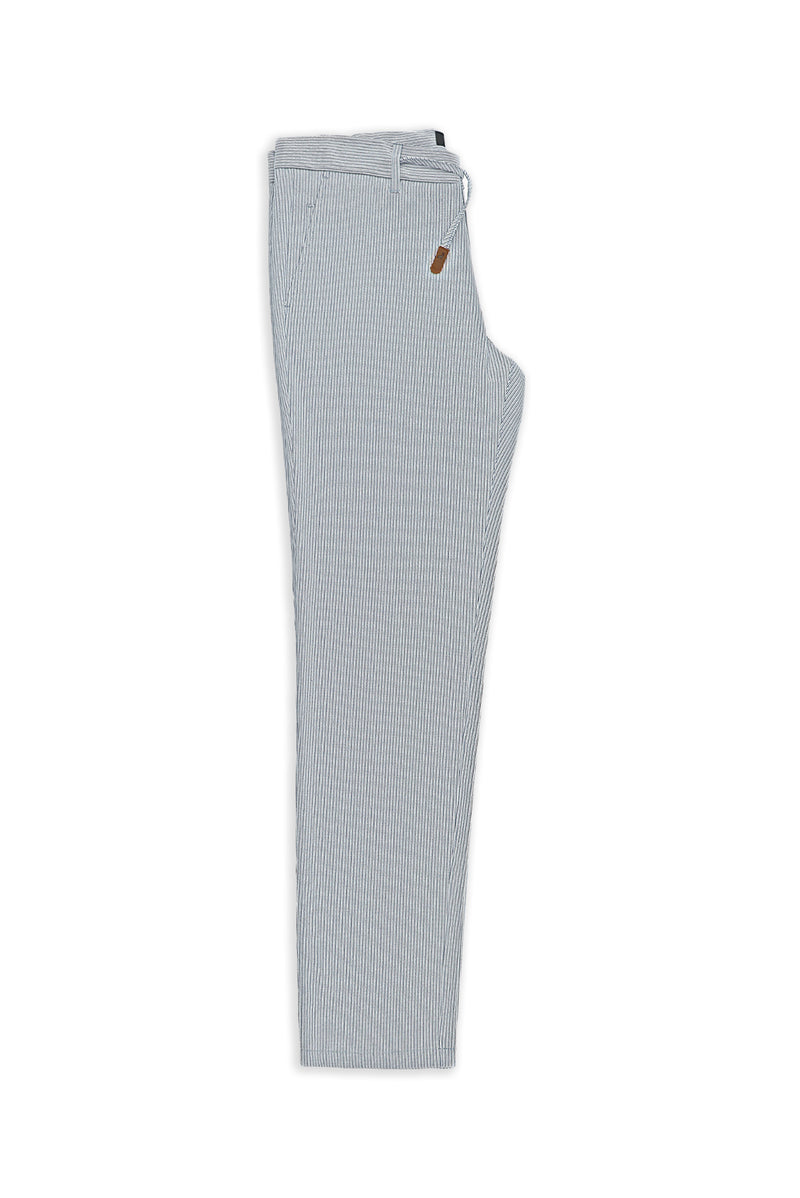 Beyaz-Lacivert Regular Fit Beli İpli Likralı Gofre Klasik Kumaş Pantolon