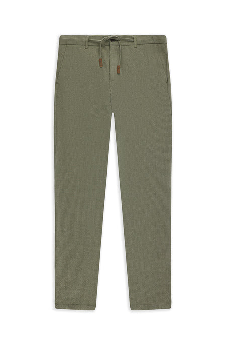 Açık Haki Regular Fit Beli İpli Likralı Gofre Klasik Kumaş Pantolon