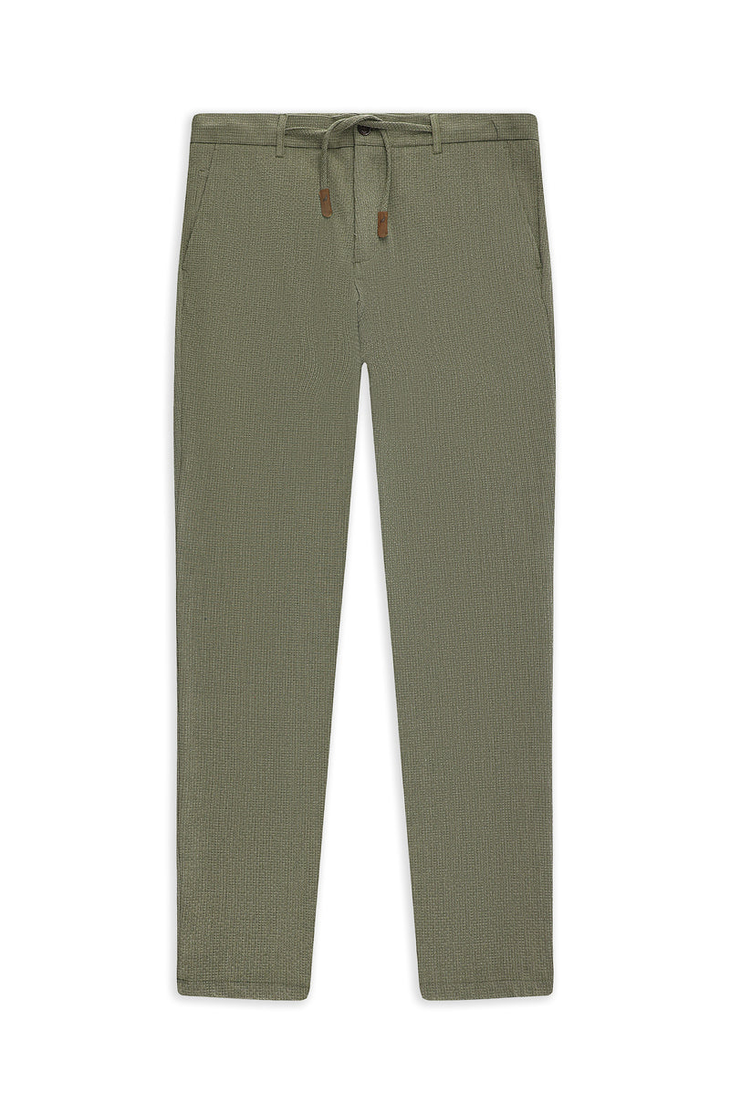 Açık Haki Regular Fit Beli İpli Likralı Gofre Klasik Kumaş Pantolon