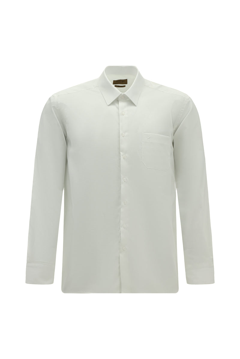 Beyaz Uzun Kol Desenli Cepli Pamuk Klasik Non Iron Gömlek