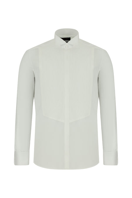 Beyaz Ata Yaka Slim Fit Dar Kesim Pamuk Piliseli Gömlek