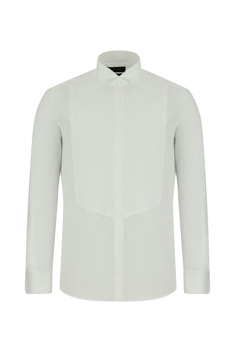 Beyaz Ata Yaka Slim Fit Dar Kesim Pamuk Piliseli Gömlek