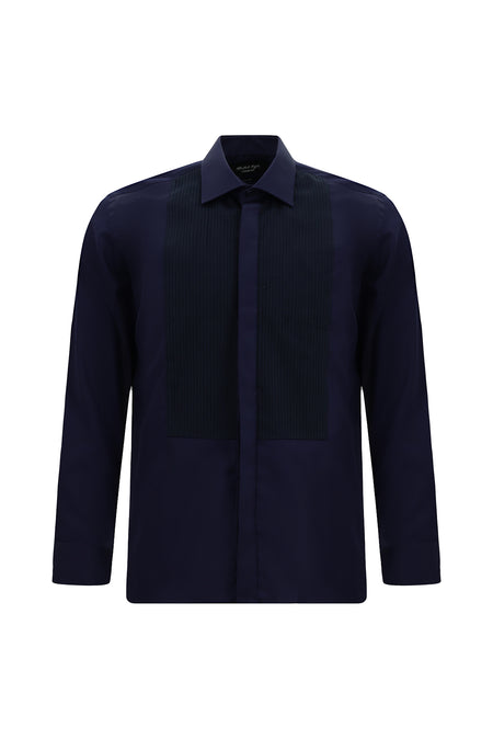 Orta Lacivert Uzun Kol Slim Fit Dar Kesim Pamuk Piliseli Gömlek