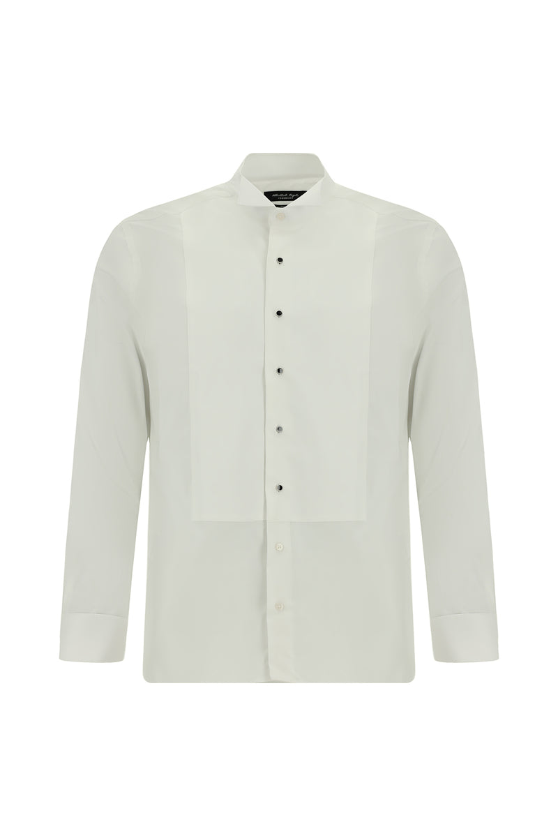 Beyaz Ata Yaka Slim Fit Dar Kesim Desenli Pamuklu Gömlek