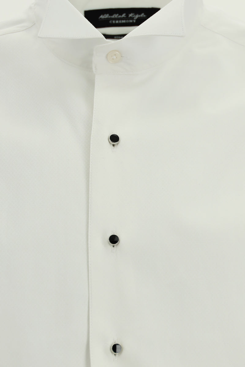 Beyaz Ata Yaka Slim Fit Dar Kesim Desenli Pamuklu Gömlek