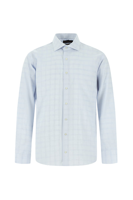 Uçuk Mavi Uzun Kol Slim Fit Dar Kesim Ekose Pamuk Gömlek