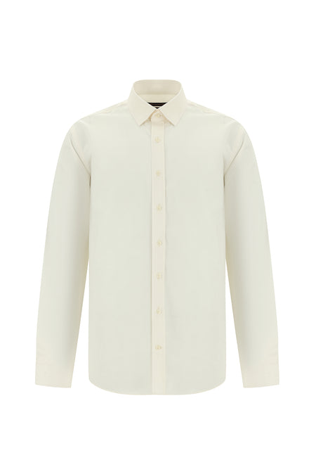 Ekru Uzun Kol Slim Fit Dar Kesim Klasik Desenli Pamuk Gömlek
