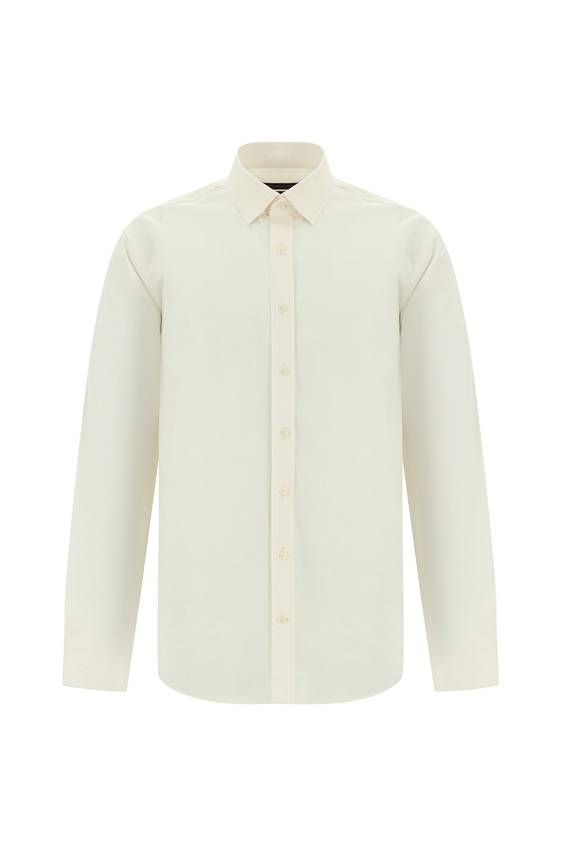Ekru Uzun Kol Slim Fit Dar Kesim Klasik Desenli Pamuk Gömlek