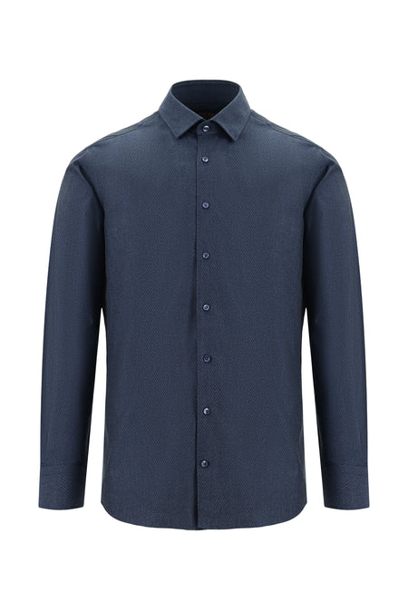 Koyu Lacivert Uzun Kol Slim Fit Dar Kesim Desenli Pamuk Gömlek