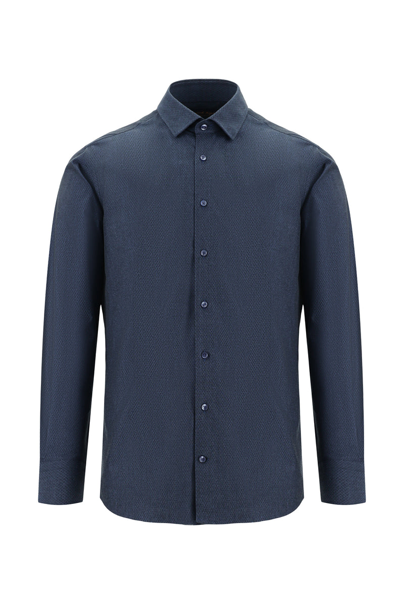 Koyu Lacivert Uzun Kol Slim Fit Dar Kesim Desenli Pamuk Gömlek