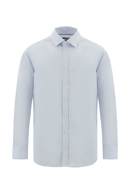 Uçuk Mavi Uzun Kol Slim Fit Dar Kesim Non Iron Klasik Desenli Pamuk Gömlek