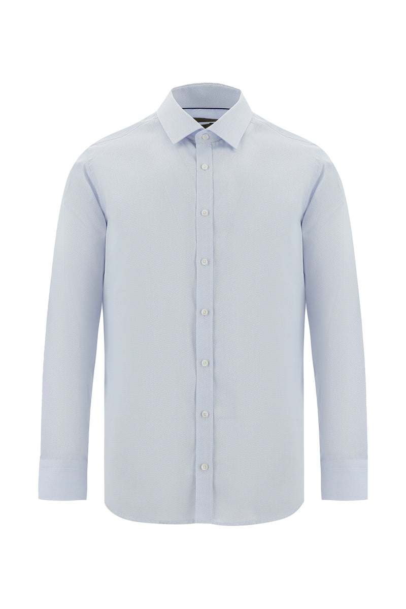 Uçuk Mavi Uzun Kol Slim Fit Dar Kesim Non Iron Klasik Desenli Pamuk Gömlek