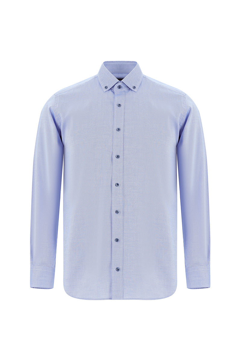 Gök Mavisi Uzun Kol Slim Fit Dar Kesim Desenli Pamuk Gömlek