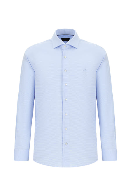 Açık Mavi Uzun Kol Slim Fit Dar Kesim Desenli Pamuk Gömlek
