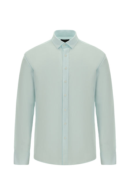 Mint Yeşili Uzun Kol Slim Fit Dar Kesim Klasik Desenli Pamuk Gömlek