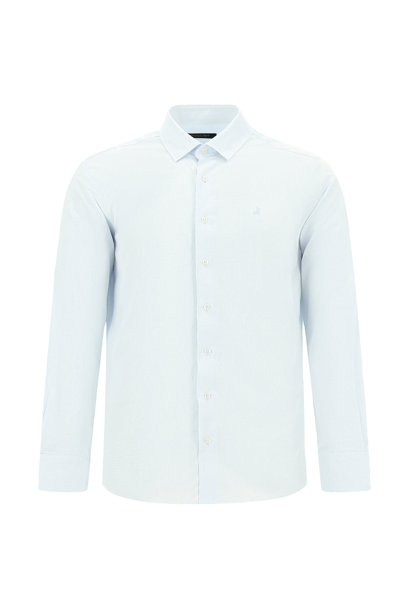 Açık Mavi Uzun Kol Slim Fit Dar Kesim Klasik Desenli Pamuk Gömlek