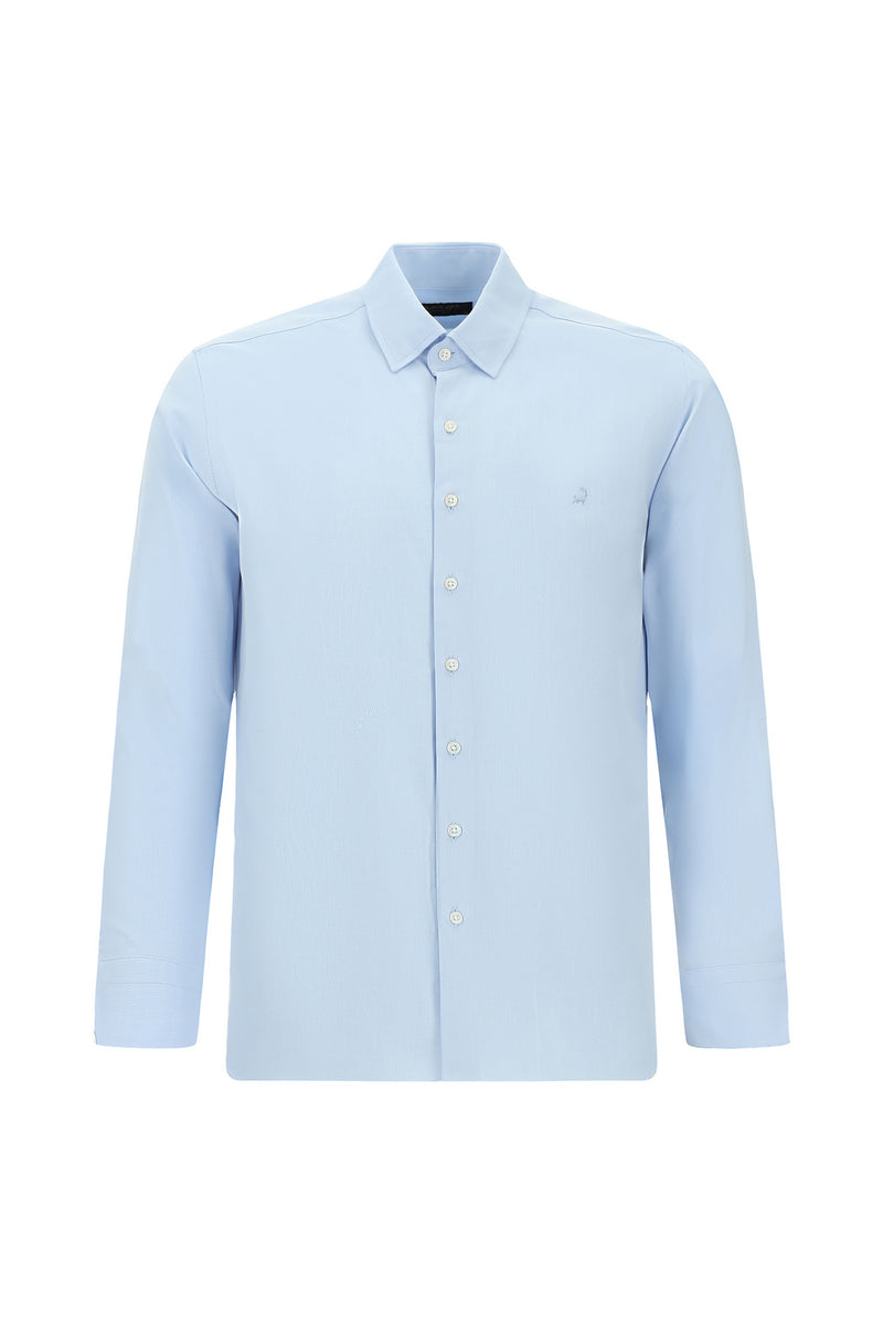 Açık Mavi Uzun Kol Slim Fit Dar Kesim Klasik Desenli Pamuklu Gömlek