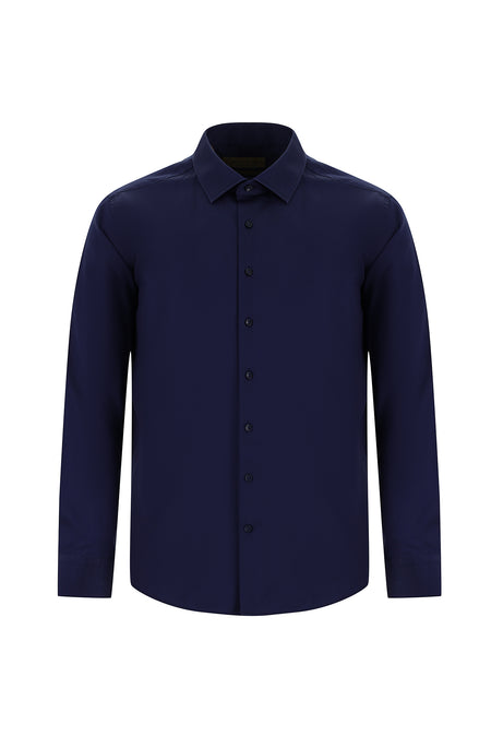 Koyu Lacivert Uzun Kol Slim Fit Dar Kesim Klasik Non Iron Saten Pamuk Gömlek