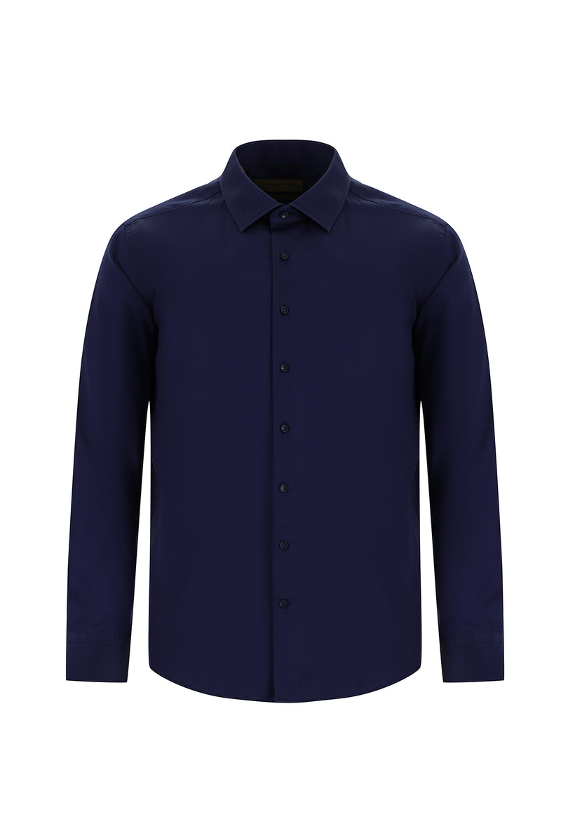 Koyu Lacivert Uzun Kol Slim Fit Dar Kesim Klasik Non Iron Saten Pamuk Gömlek