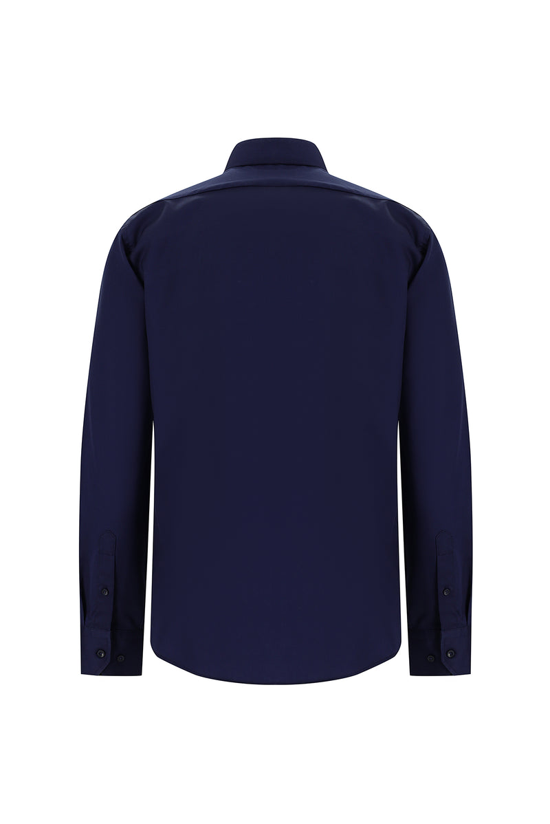 Koyu Lacivert Uzun Kol Slim Fit Dar Kesim Klasik Non Iron Saten Pamuk Gömlek
