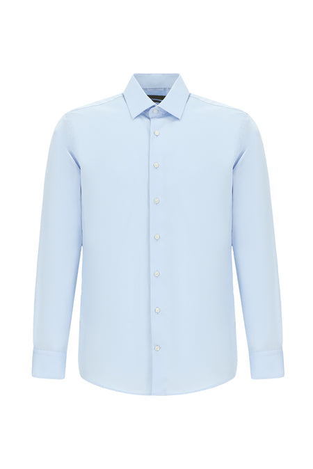 Uçuk Mavi Uzun Kol Slim Fit Dar Kesim Klasik Non Iron Saten Pamuk Gömlek
