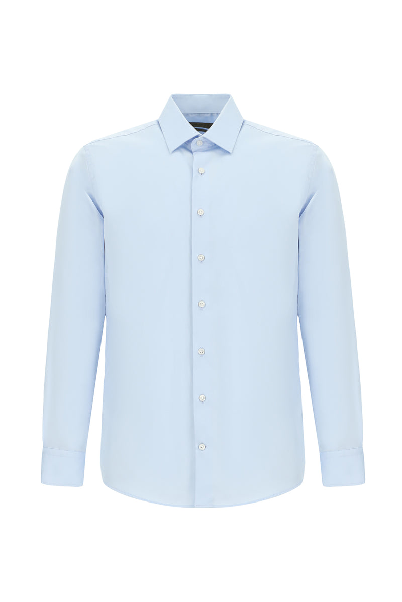 Uçuk Mavi Uzun Kol Slim Fit Dar Kesim Klasik Non Iron Saten Pamuk Gömlek