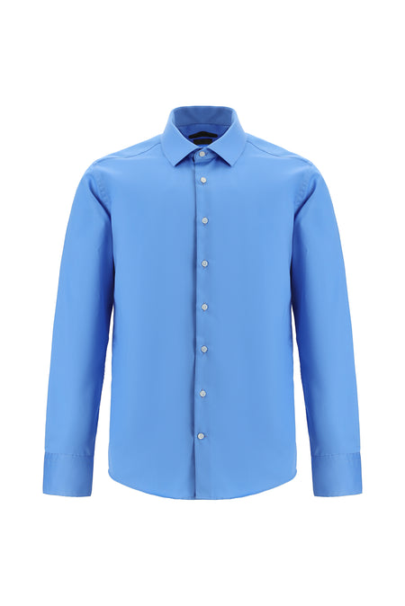 Koyu Mavi Uzun Kol Slim Fit Dar Kesim Klasik Non Iron Saten Pamuk Gömlek