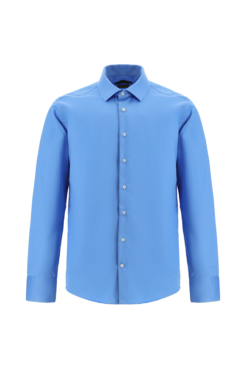Koyu Mavi  Uzun Kol Slim Fit Dar Kesim Klasik Non Iron Saten Pamuk Gömlek