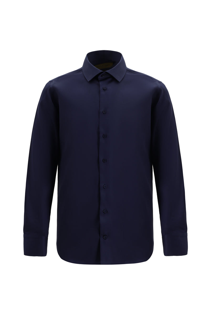 Koyu Lacivert Uzun Kol Slim Fit Dar Kesim Non Iron Klasik Saten Pamuk Gömlek